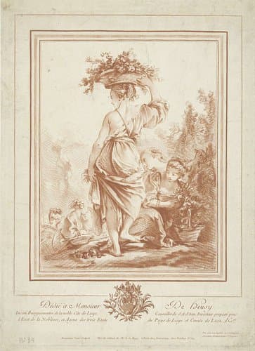 Vrouw met bloemenmand in tuin by Gilles Demarteau