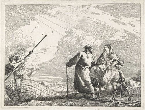 Heilige familie op oever en engel als bootsman in boot by Giovanni Domenico Tiepolo