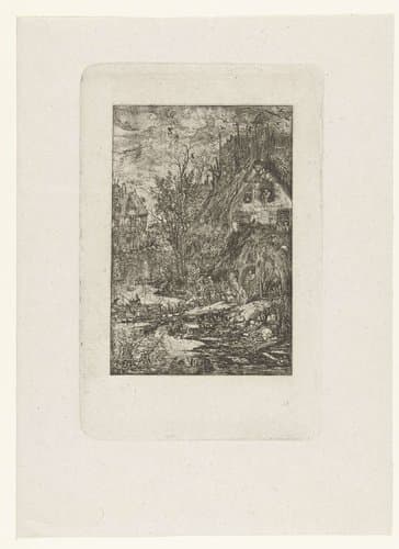Dorpsgezicht met rivier by Rodolphe Bresdin
