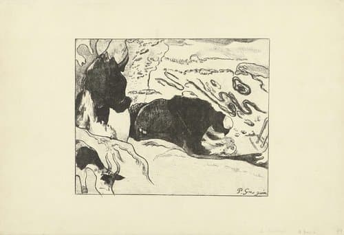Twee wasvrouwen wassen kleding bij water by Paul Gauguin