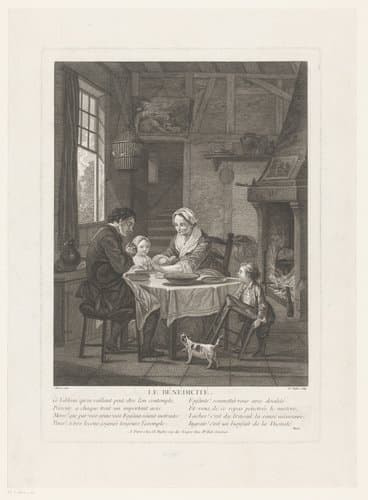 Interieur met gezin dat het eten zegent aan tafel by Claude Augustin Duflos