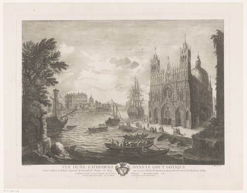 Gezicht op een kathedraal in een havenstad by Jean Moyreau