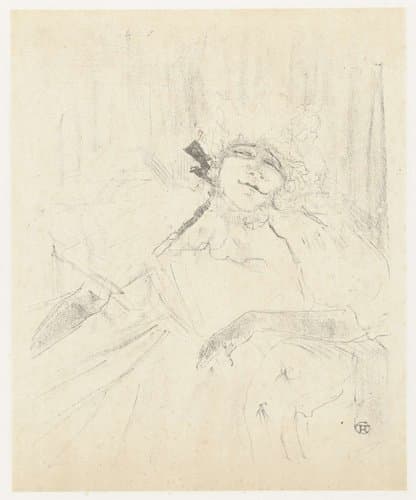 Portret van Yvette Guilbert in fauteuil op toneel by Henri de Toulouse-Lautrec