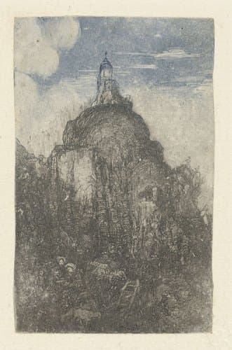 Gebouw op een rots en rustende herders met schapen aan voet van rots by Rodolphe Bresdin