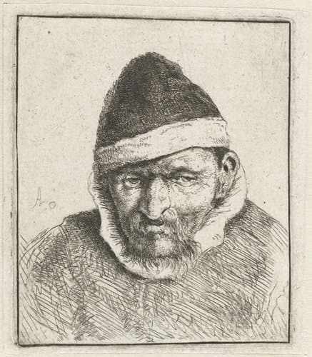 Buste van een oude boer met een puntmuts by Adriaen van Ostade