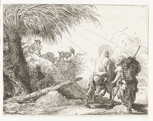 Heilige familie passeren herder met kudde schapen en palmboom tijdens vlucht naar Egypte by Giovanni Domenico Tiepolo
