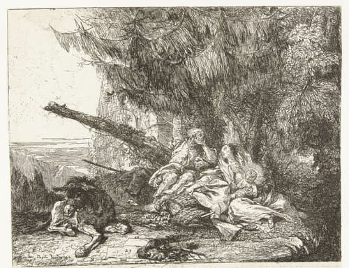 Heilige familie rust onder bomen tijdens vlucht naar Egypte by Giovanni Domenico Tiepolo
