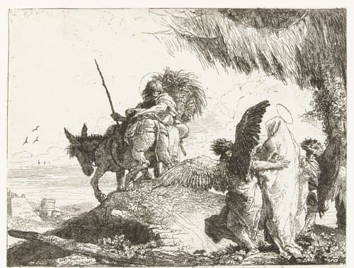 Twee engelen ondersteunen Maria en volgen Jozef met ezel tijdens vlucht naar Egypte by Giovanni Domenico Tiepolo