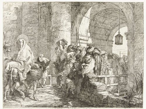 Heilige familie arriveert bij stadspoort by Giovanni Domenico Tiepolo