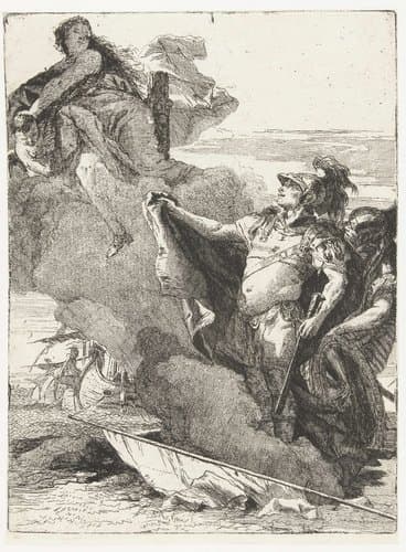 Venus wijst Aeneas en Achates de weg naar Dido's paleis by Giovanni Domenico Tiepolo