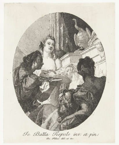 Cleopatra en bedienden met sieraden en vat wijn by Giovanni Domenico Tiepolo