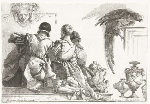 Drie knielende jongens op de rug gezien en papegaai by Giovanni Domenico Tiepolo