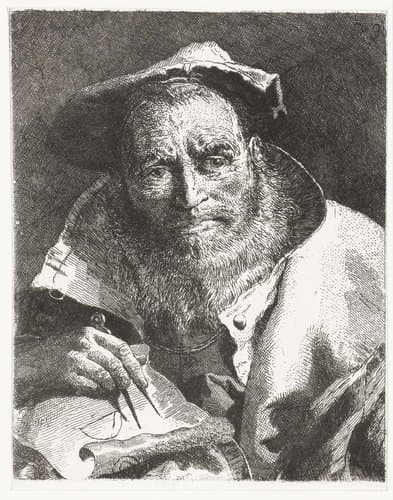 Wetenschapper met baret op hoofd en passer in hand by Giovanni Domenico Tiepolo