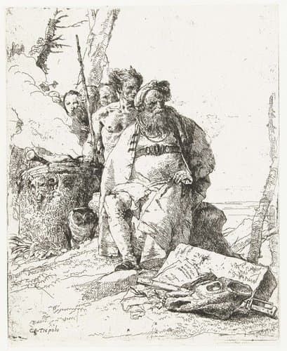 Tovenaar en vier mannen bij rokend altaar by Giovanni Battista Tiepolo