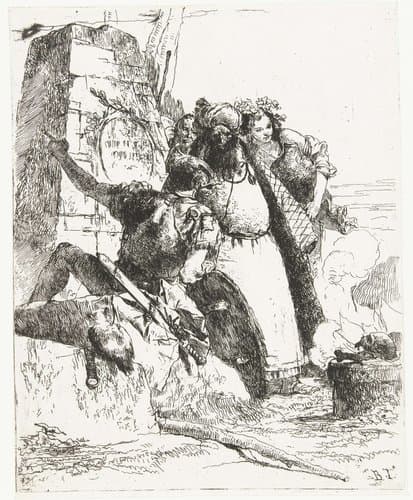Soldaat en tovenaar en andere figuren kijken naar brandend altaar met schedel en been by Giovanni Battista Tiepolo