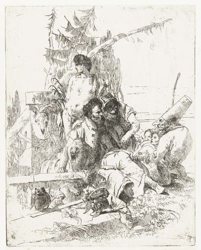 Pulchinello in gesprek met twee tovenaars by Giovanni Battista Tiepolo