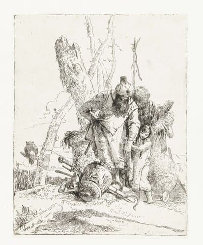 Twee tovenaars met kind dat bang is voor slang by Giovanni Battista Tiepolo
