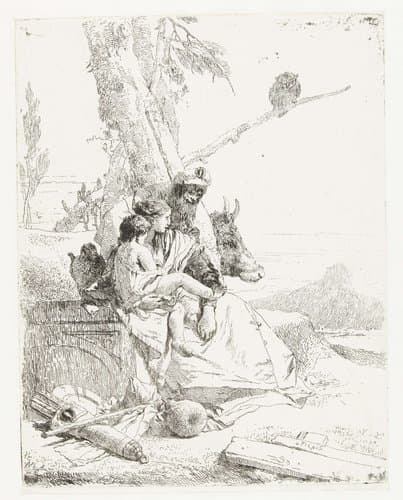 Tovenaar en vrouw met kind zitten bij boom by Giovanni Battista Tiepolo
