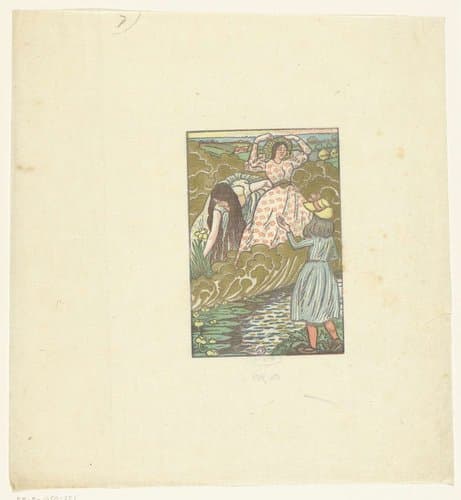 Een meisje en twee vrouwen bij een beek by Lucien Pissarro
