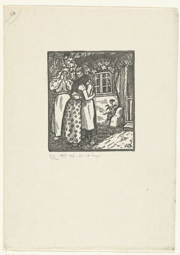 Ruth en Naomi omhelzen elkaar by Lucien Pissarro