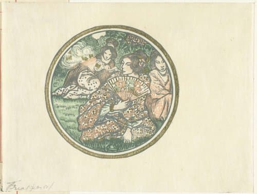 Drie Japanse vrouwen in een tuin