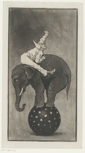 Olifant balancerend op een bal met een man op zijn rug
