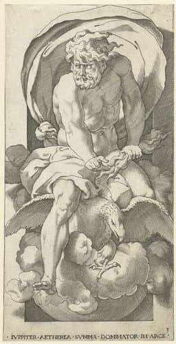 Jupiter op wolken met bliksemschichten en adelaar by Jacob Binck