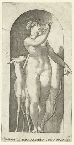 Diana met pijlenkoker, boog en hert by Jacob Binck