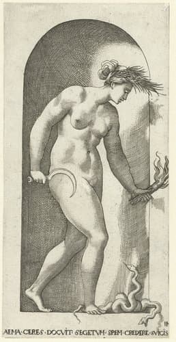 Ceres met kroon van korenaren, sikkel, brandende toorts en tweekoppige slang by Jacob Binck