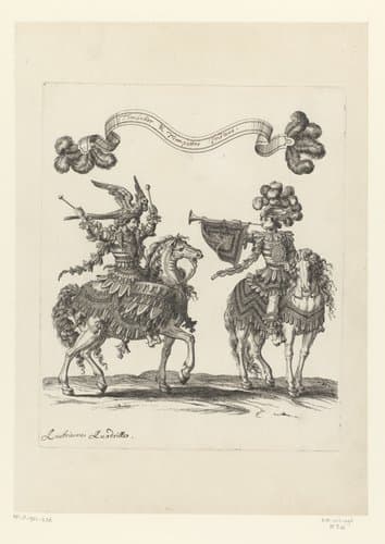 Trommelslager en trompettist te paard verkleed als Indianen by François Chauveau