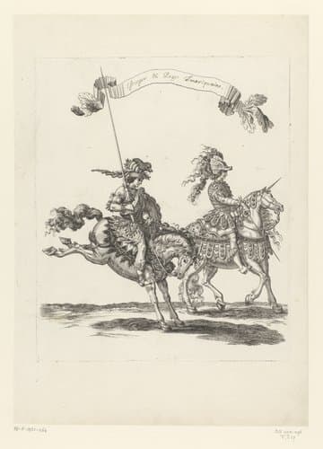 Steekspeler en bediende verkleed als wildeman op een paard en een paard verkleed als eenhoorn by François Chauveau