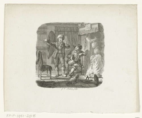 Twee mannen in gesprek bij haardvuur by Johannes Christiaan Bendorp