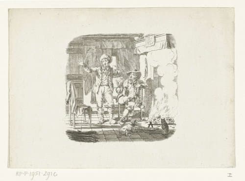 Twee mannen in gesprek bij haardvuur by Johannes Christiaan Bendorp