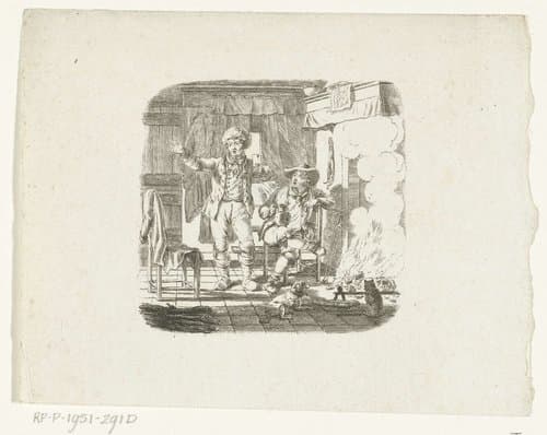 Twee mannen in gesprek bij haardvuur by Johannes Christiaan Bendorp