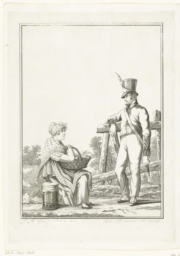 Staande soldaat met zittende koffieverkoopster by Joannes Bemme