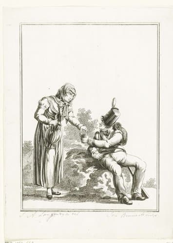 Zittende soldaat en melkmeisje by Joannes Bemme