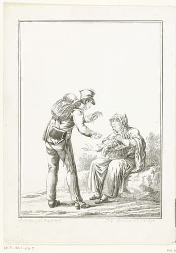 Staande soldaat met kreeftenverkoopster by Joannes Bemme
