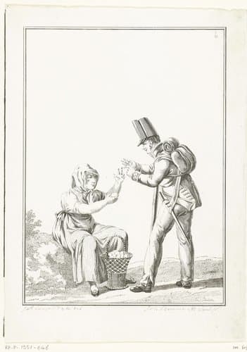 Staande soldaat met zittende eierenverkoopster by Joannes Bemme
