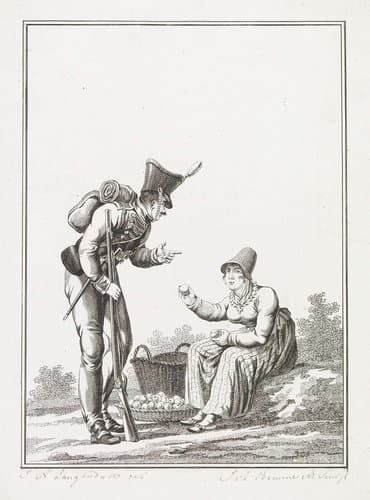 Staande soldaat bij een zittende appelverkoopster by Joannes Bemme