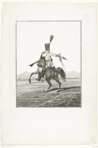 Huzaar te paard, een charge uitvoerend, met een pistool in zijn hand by Joannes Bemme