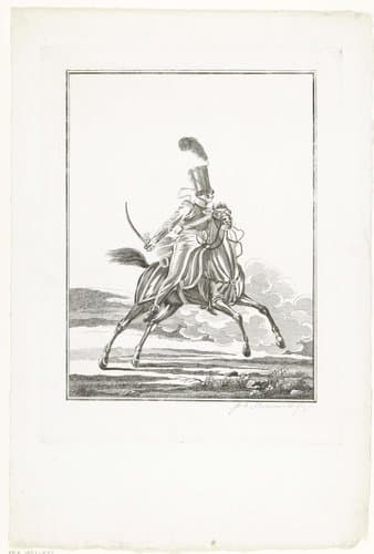 Huzaar te paard, een charge uitvoerend, met een sabel in zijn hand by Joannes Bemme