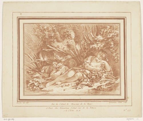 Liggende herderin met schapen en herder met fluit by Gilles Demarteau