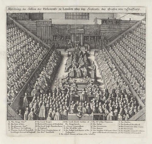 Zitting van het Britse parlement tijdens de berechting van Thomas Wentworth, 1e graaf van Strafford, 1641 by Wenceslaus Hollar