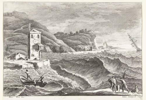 Kustlandschap met storm op zee en vuurbaken