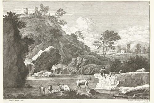 Landschap met twee herders en vee bij water