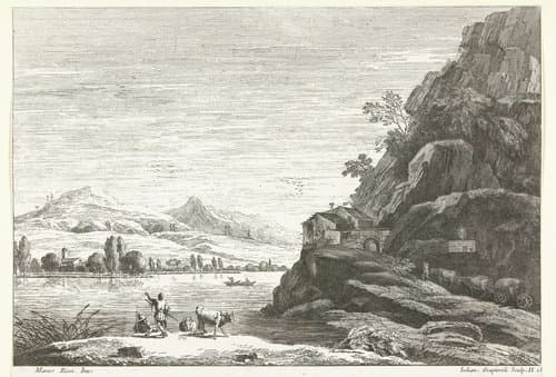 Rivierlandschap met huis tegen rots by Giuliano Giampiccoli