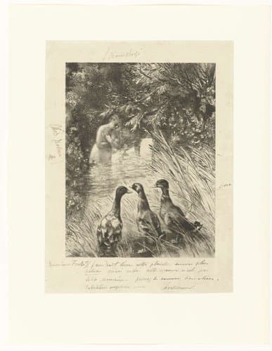Badende vrouw en drie eenden op de oever by Félix Bracquemond