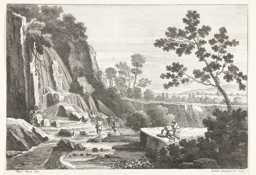 Landschap met waterval en vissers en andere figuren by Giuliano Giampiccoli