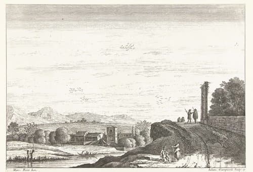 Weg langs rivier met figuren en twee antieke zuilen