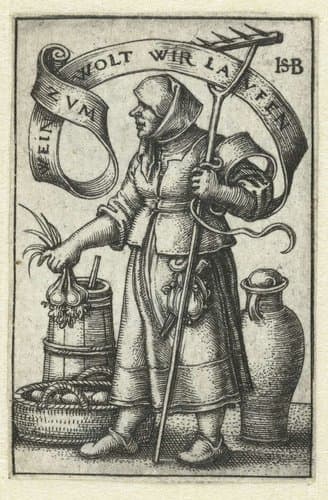 Boerin verkoopt haar produkten op markt by Hans Sebald Beham